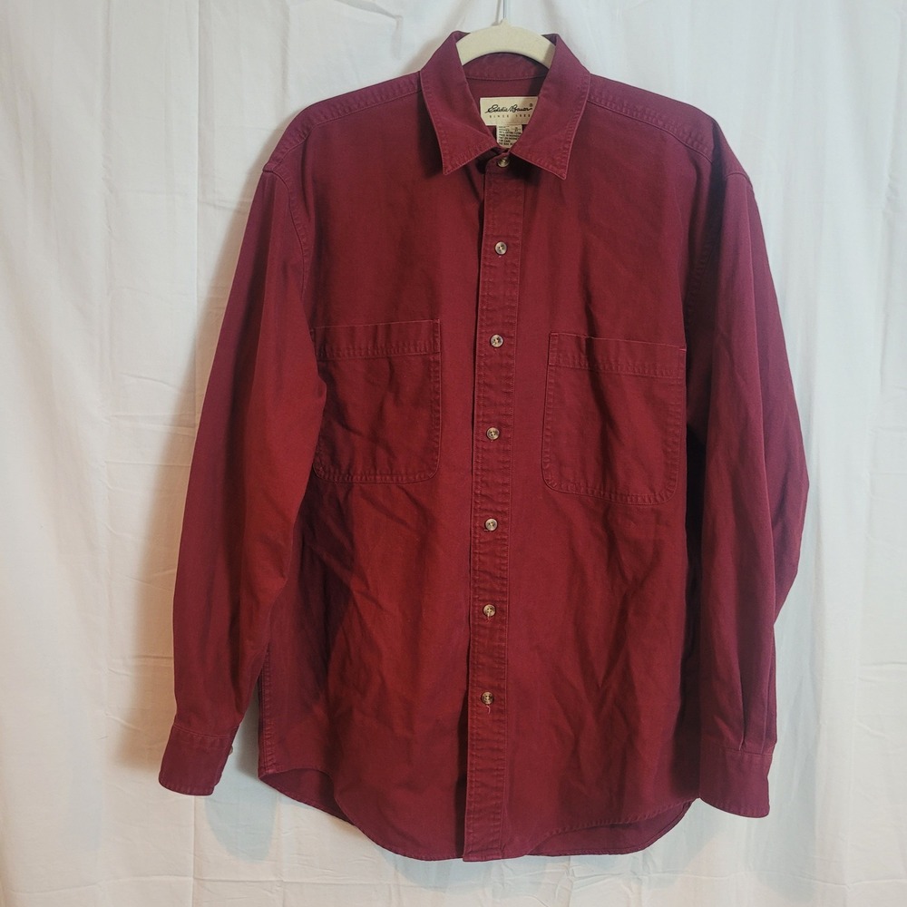 Eddie Bauer Mens Small Burgundy Cotton Canvas Long Sleeve Button Down Work Shirt